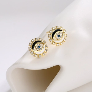 Luxury gold plated evil eye stud earrings with sparkling cubic zirconia and blue enamel