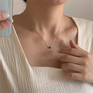 Minimalist 925 sterling silver necklace with square black zircon pendant for women