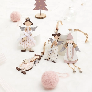 Décorations De Noël Suspendues En Bois Rose Blanc Ange Bonhomme De Neige Renne Père Noël Pomme De Pin Jute Fait Main
