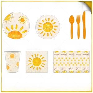 Detailed size specifications for sunshine party plates, cups, napkins and tablecloth set