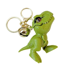 Green T-Rex dinosaur keychain with gold metal clasp and bell for bags and keys