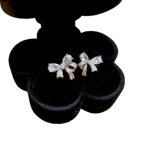 French style silver needle zircon butterfly earrings in a black floral jewelry gift box