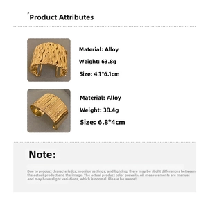 Detailed size and weight chart for gold textured chunky twist geometric cuff bracelets