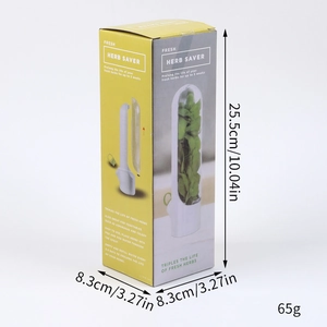 Detailed size specifications for the fresh herb saver and its colorful packaging box