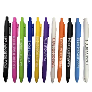Set of 11 colorful retractable pens with unique humorous English phrases on matte finish
