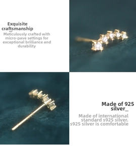Macro shot of S925 sterling silver ear studs featuring an arched row of clear cubic zirconia