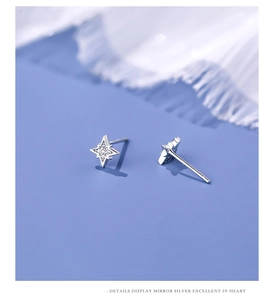 Macro shot of S925 sterling silver star stud earring with inlaid cubic zirconia crystals
