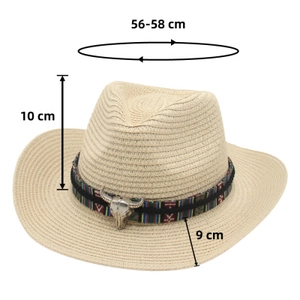Detailed view of beige straw cowboy hat with ethnic band and bull head ornament, 56-58 cm
