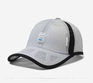 Close-up of lightweight grey mesh baseball cap with Sport Fashion logo and breathable holes