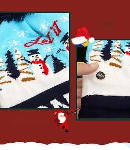 Detailed view of blue knitted LED Christmas hat featuring snowball motif and power switch