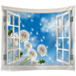 Tapiz de pared con vista de ventana 3D cielo azul y dientes de león decorativo