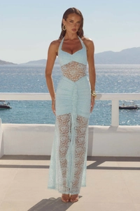 Close-up of light blue halter lace dress featuring floral cut-outs and pleated details