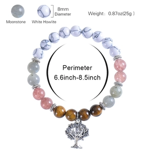 8mm natural moonstone and white howlite bead bracelet with tree of life charm