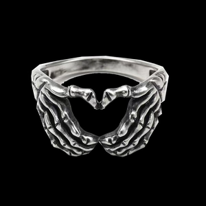 Retro stainless steel gothic ring with skeleton hands forming a heart shape