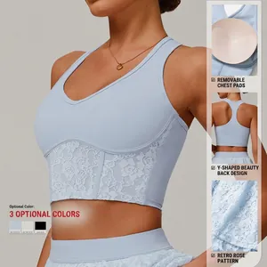 Breathable lace yoga sports bra with rose pattern and racerback design for gym workout