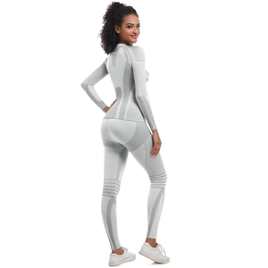 Seamless gray yoga set with long sleeve top and high waist leggings for workout fitness