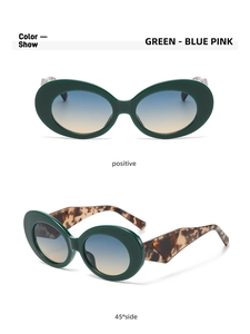 Detail view of oval cat-eye sunglasses with green frames and tortoiseshell temples
