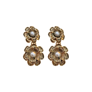 Vintage gold flower earrings with pearls featuring a luxury two-tier floral design