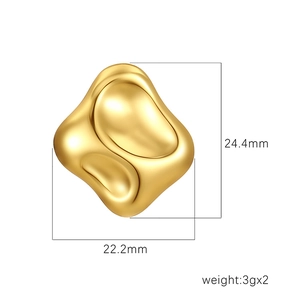 Golden irregular hammered square stud earrings with dimensional measurements and 3g weight
