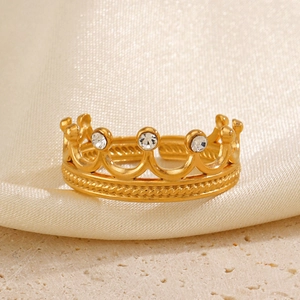 Bague couronne dorée ajustable en acier inoxydable avec zircons et texture corde