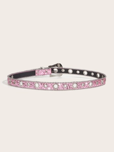 Detailed view of pink glitter belt featuring silver grommets and beaded edge trim