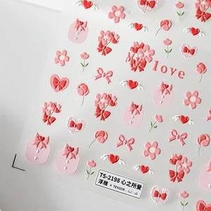 Autocollants 5D pour ongles avec motifs de cœurs, fleurs et papillons roses en relief 3D