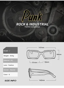 Detailed technical diagram showing frame dimensions and weight for PC square sunglasses