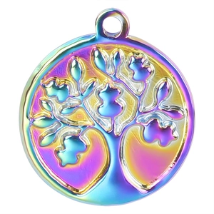 Polished rainbow 18k gold plated stainless steel Tree of Life round pendant accessory
