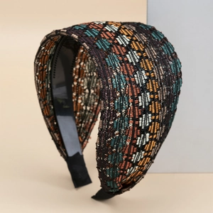 Fashionable wide headband with colorful geometric embroidery on black mesh base