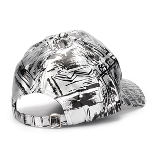 Silver metallic PU baseball hat with black graffiti print and adjustable back strap