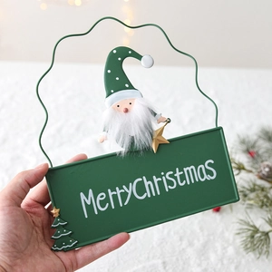 Christmas metal sign with Merry Christmas text, green gnome and tree hanging decor