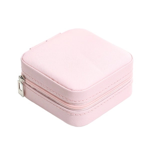 Portable pink faux leather jewelry organizer box with zipper for rings and earrings