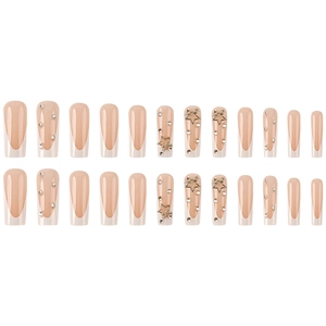 Long white French press-on nails with star rhinestones and gold hollow charms 24pcs set