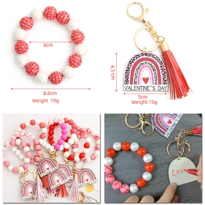 Valentine's Day silicone wood bead bracelet keychain with tassel and rainbow charm