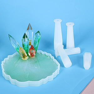Macro view of 3D pendulum resin silicone molds including hexagonal prism crystal column set