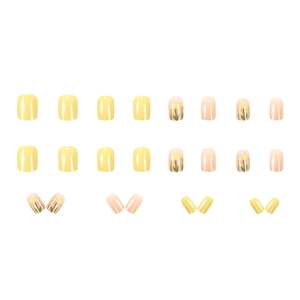 Short square yellow and nude press-on nails with glossy finish and tulip floral patterns