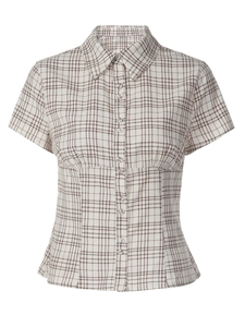 French vintage plaid short sleeve shirt for women with waist-defining button-up design