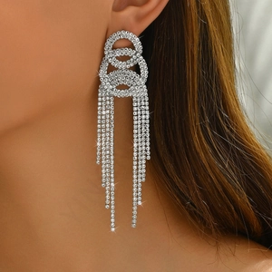 Close-up of silver long tassel earrings with sparkling white zircons on model