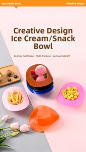 Close-up of colorful cowboy hat shaped snack bowls in pink orange and blue plastic