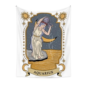 Close-up of Aquarius zodiac tapestry with goddess pouring stars on white fabric