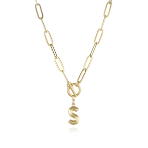 Detail of gold OT buckle necklace with a 3D letter S pendant and paperclip chain links