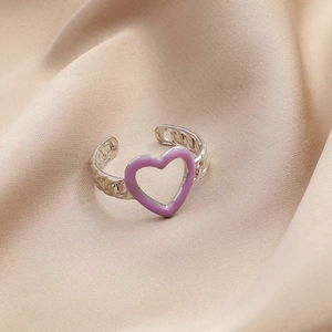 Silver chain open ring with purple enamel heart on elegant champagne silk background