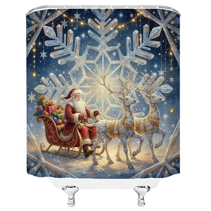 Christmas shower curtain featuring Santa on a reindeer sleigh with snowflakes and gift boxes