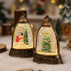 Close-up of retro Christmas water lantern featuring a snowman and glowing warm LED light