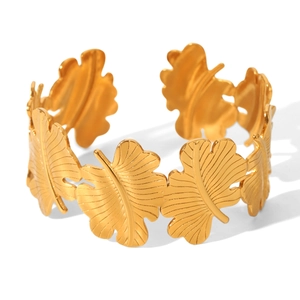 Minimalistisches 18K vergoldetes Edelstahl-Armreif mit Blatt-Design für Damen
