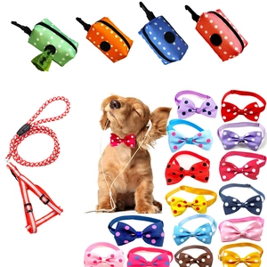 Polka dot pet bow ties, leash harness set, and waste bag dispensers in various colors