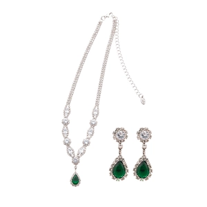 Elegant silver-tone jewelry set featuring green teardrop zircon necklace and earrings