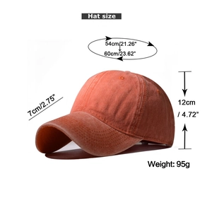 Detailed size chart of washed cotton baseball cap with orange vintage finish dimensions