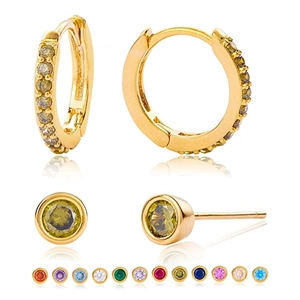 Detail view of 925 silver earring set with 12 colorful birthstone options and gold finish