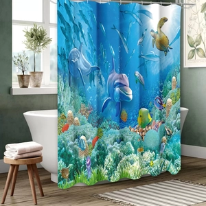 Ocean World Shower Curtain Waterproof Polyester Dolphin Sea Turtle Cartoon Fish Bathroom Decor With Hooks